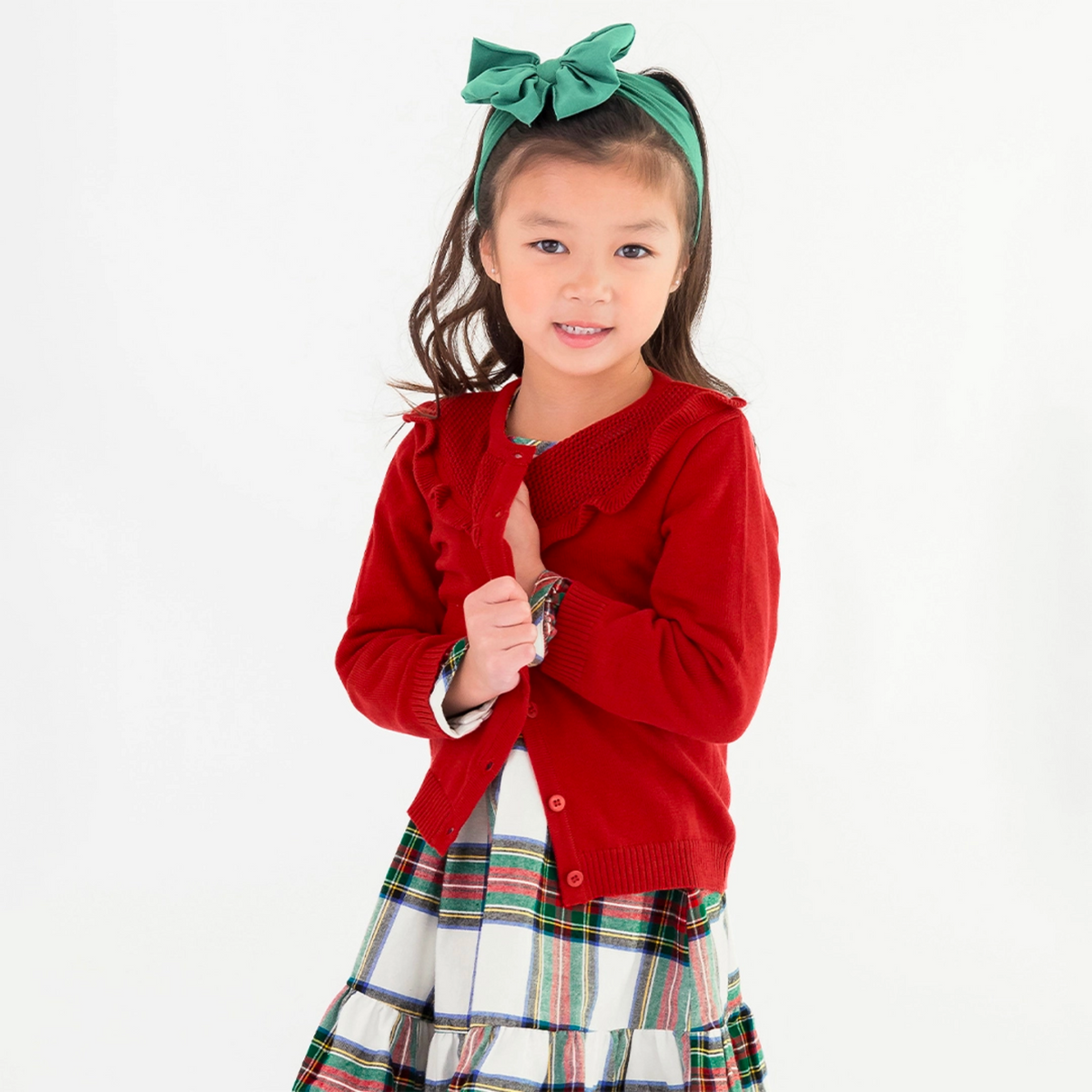 Classic Red Sweater Knit Ruffle Trim Cardigan