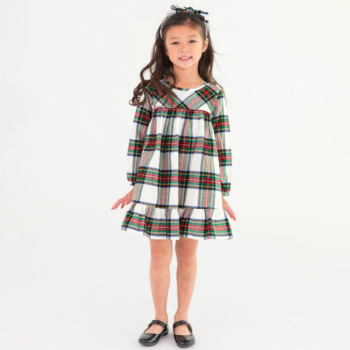 Plaid Long Sleeve Ruffle Hem Dress