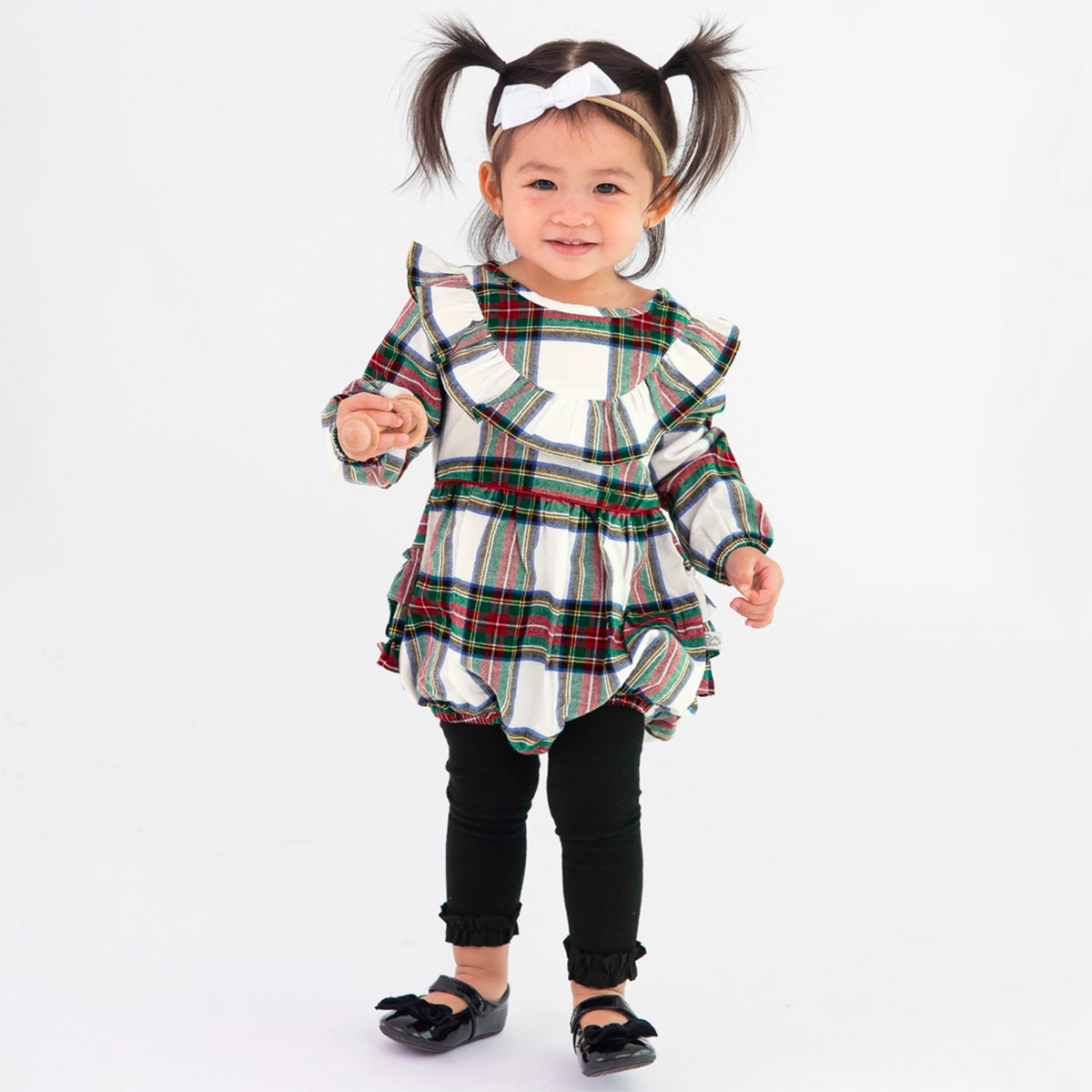 Plaid Long Sleeve Ruffle Trim Bubble Romper